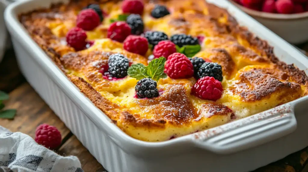 Easy Baked Pancake Casserole fresh out of the oven, topped with berries and maple syrup.