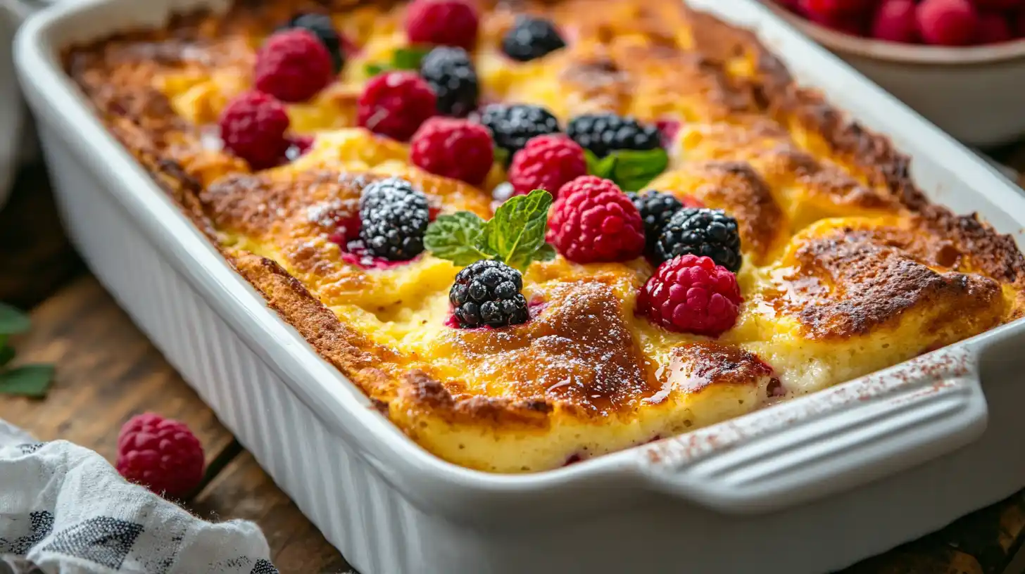 Easy Baked Pancake Casserole fresh out of the oven, topped with berries and maple syrup.