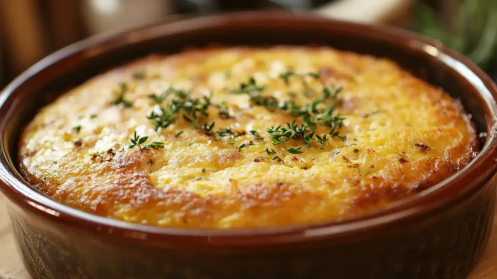 Freshly baked homemade chicken and dressing in a rustic baking dish, garnished with herbs.