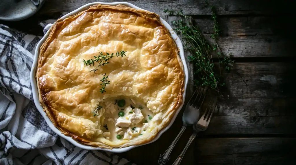 Easy Chicken Pot Pie Recipe with Cream of Chicken Soup – a golden, flaky homemade pie with a creamy chicken filling, fresh from the oven.
