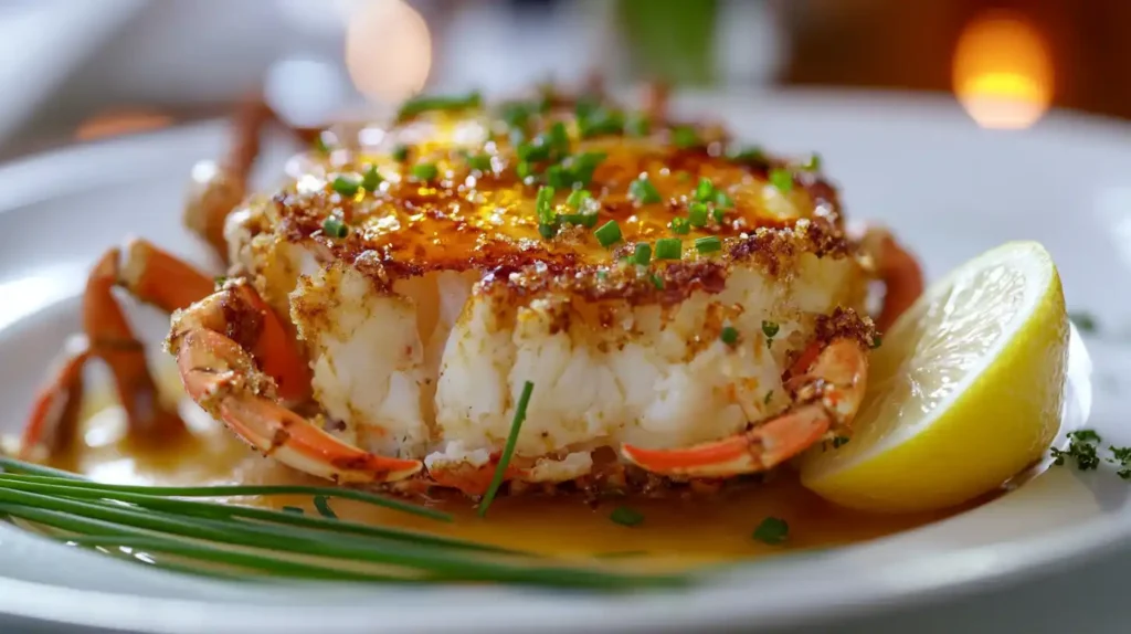 A creamy crab brulee topped with caramelized sugar, served on a white plate with chives and a lemon wedge.