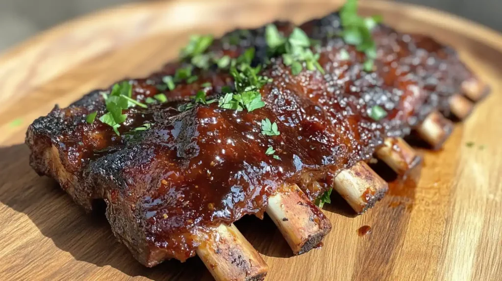 Juicy oven-baked beef back ribs covered in BBQ sauce, served on a wooden plate with fresh herbs.