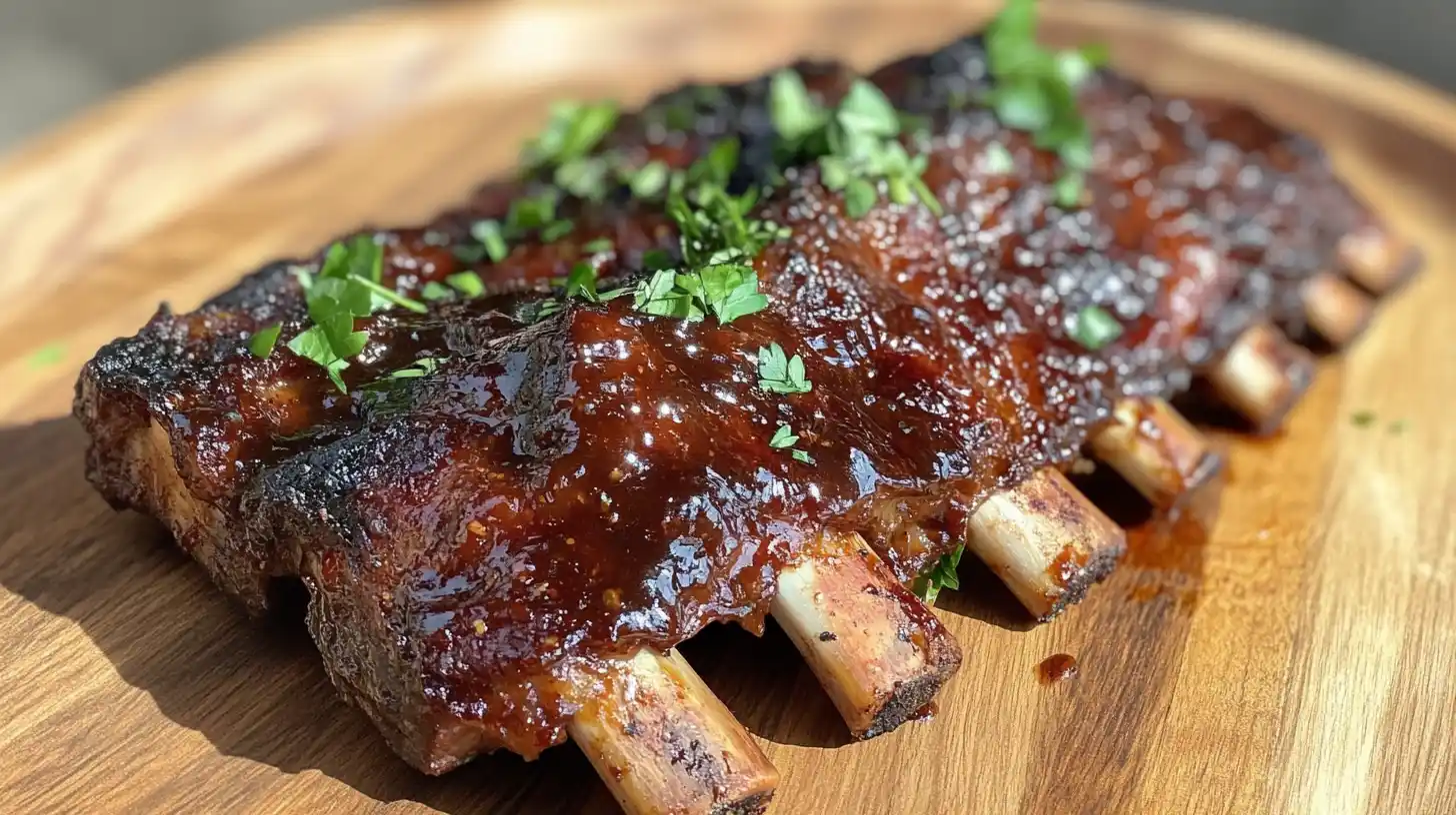 Juicy oven-baked beef back ribs covered in BBQ sauce, served on a wooden plate with fresh herbs.