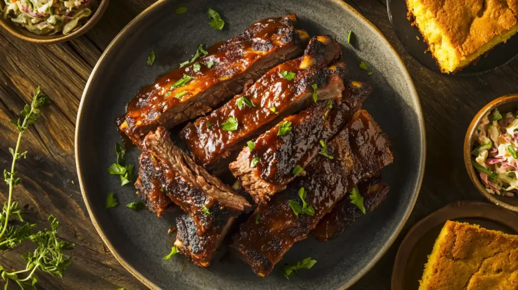 A plate of country-style beef ribs glazed with BBQ sauce, garnished with herbs, and served with cornbread and coleslaw on a rustic wooden table.