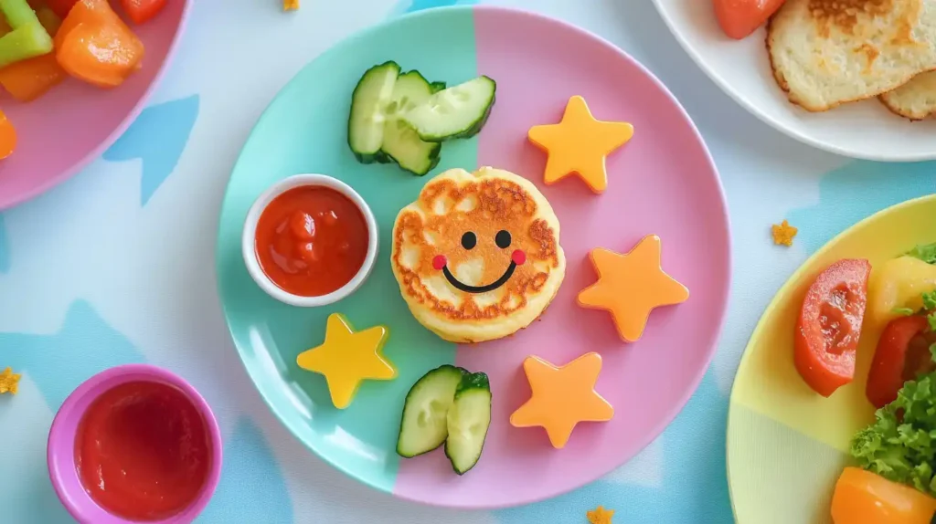 A vibrant, kid-friendly dinner plate, dinner recipes for picky eaters. fun-shaped foods, including smiley pancakes, veggie stars, and dipping sauce.
