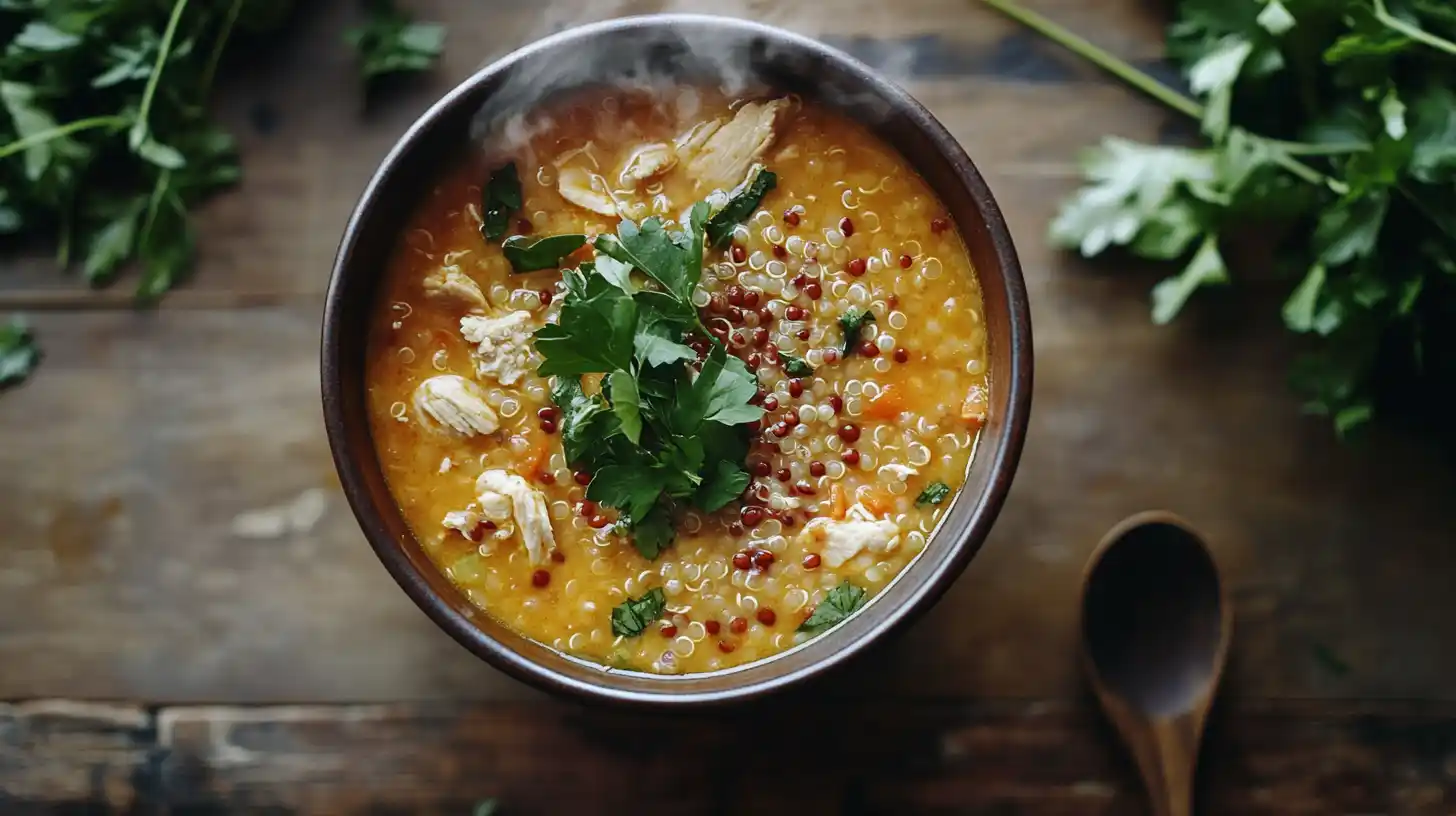 A warm, hearty bowl of high-protein soup with chicken, lentils, and fresh vegetables, garnished with herbs, sitting on a rustic wooden table.