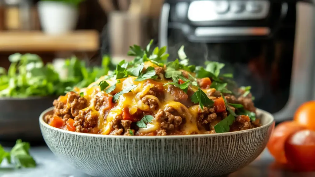 A steaming bowl of Instant Pot ground beef chili garnished with fresh herbs, with an Instant Pot in the background.