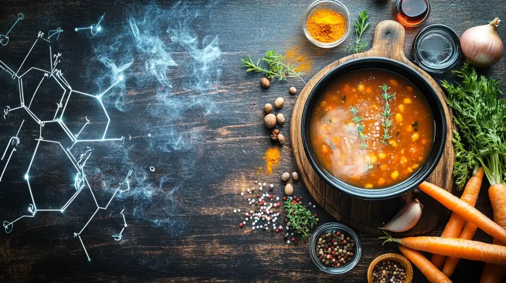 A steaming bowl of soup with fresh ingredients and scientific symbols representing abiotic factors in cooking.