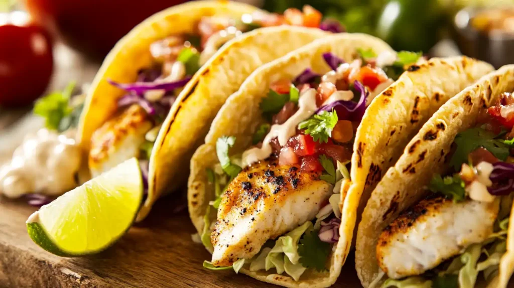 The Best Pollock Fish Recipes: Simple, Flavorful, and Healthy 7 Delicious fish tacos with grilled pollock, fresh salsa, and cabbage, served on corn tortillas with a side of lime wedges.